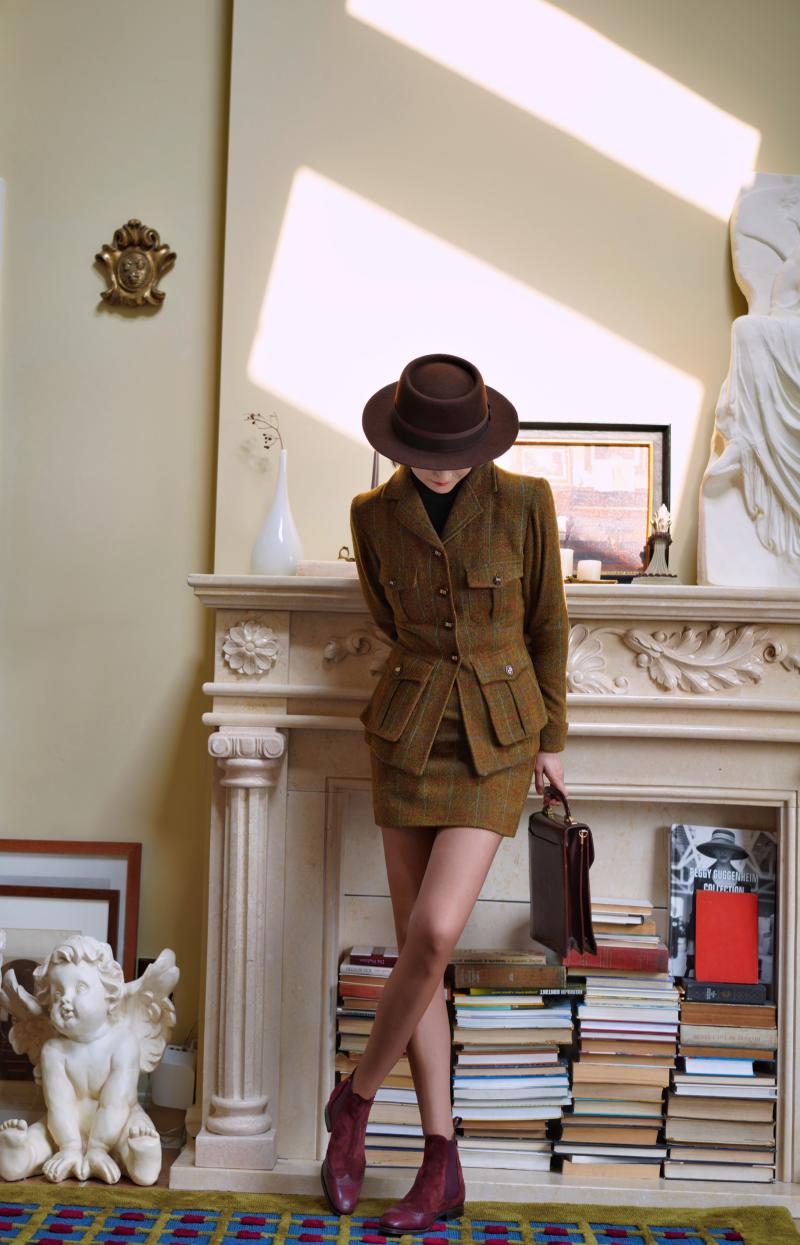 Gray-yellow-green plaid tweed jacket and tweed skirt