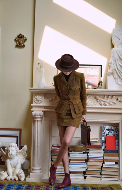 Gray-yellow-green plaid tweed jacket and tweed skirt