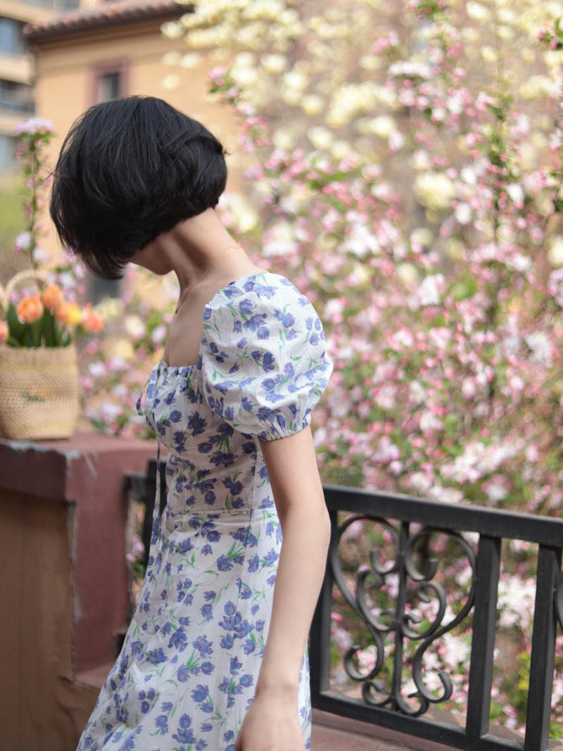 Blue Floral Pattern French Retro Dress