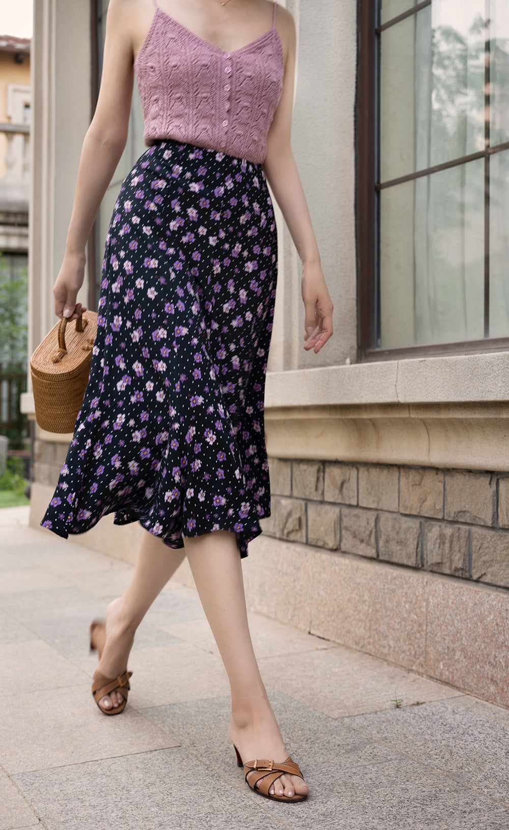 purple flower retro middle skirt