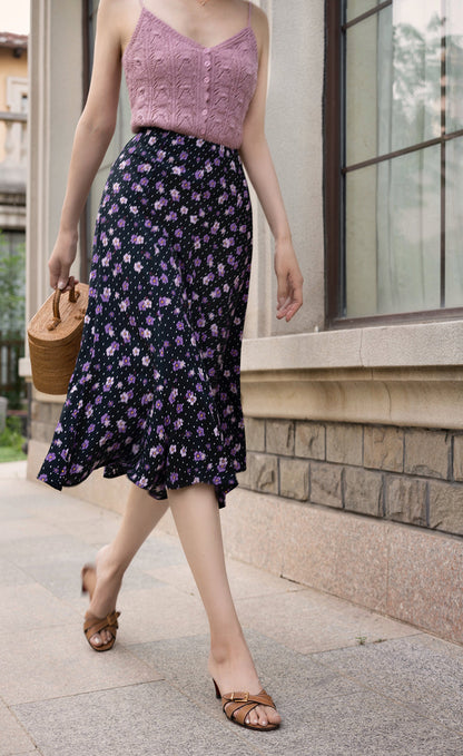 purple flower retro middle skirt