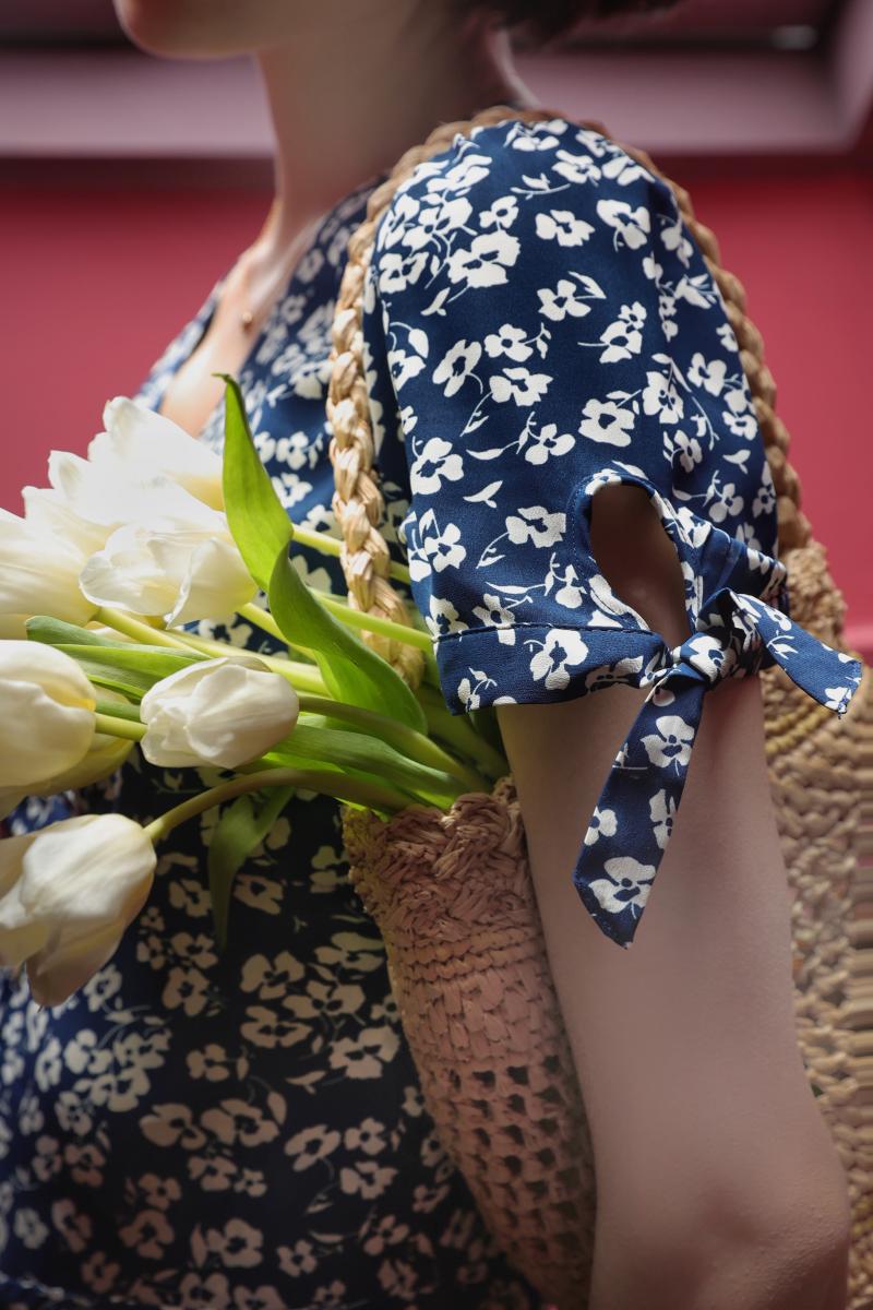 Lapis navy blue flower French retro dress