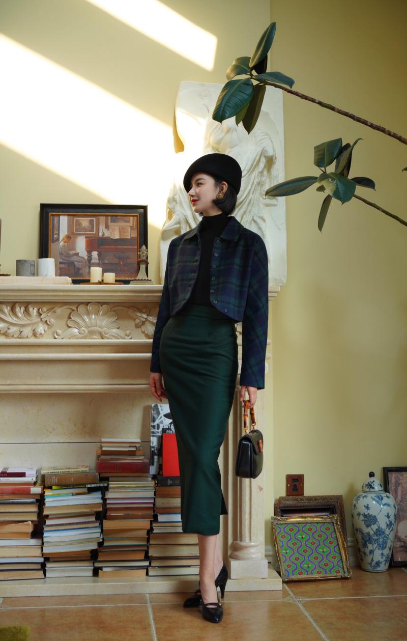 Dark Green Lady Tweed Tube Skirt