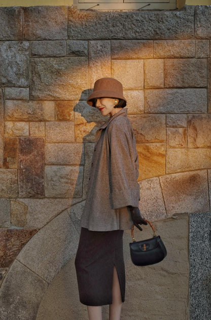 Gray brown lady herringbone wool coat