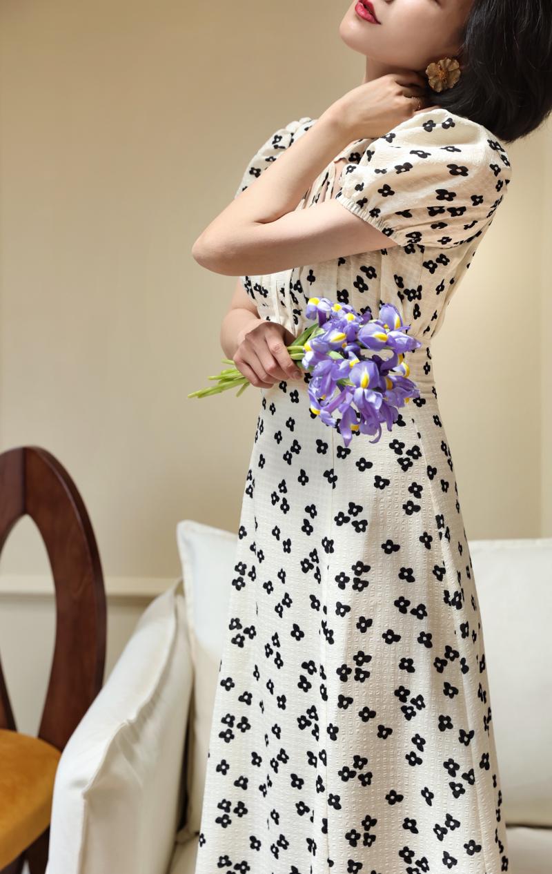 Black Shadow Flower Pattern French Retro Dress