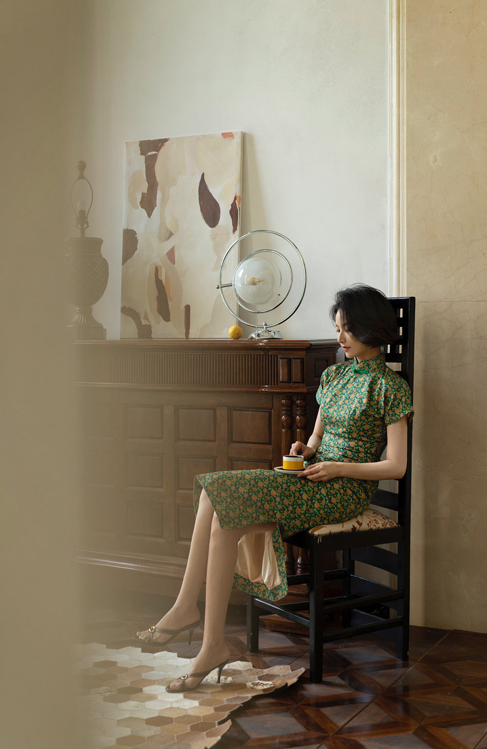 Deep green small sunflower cheongsam dress