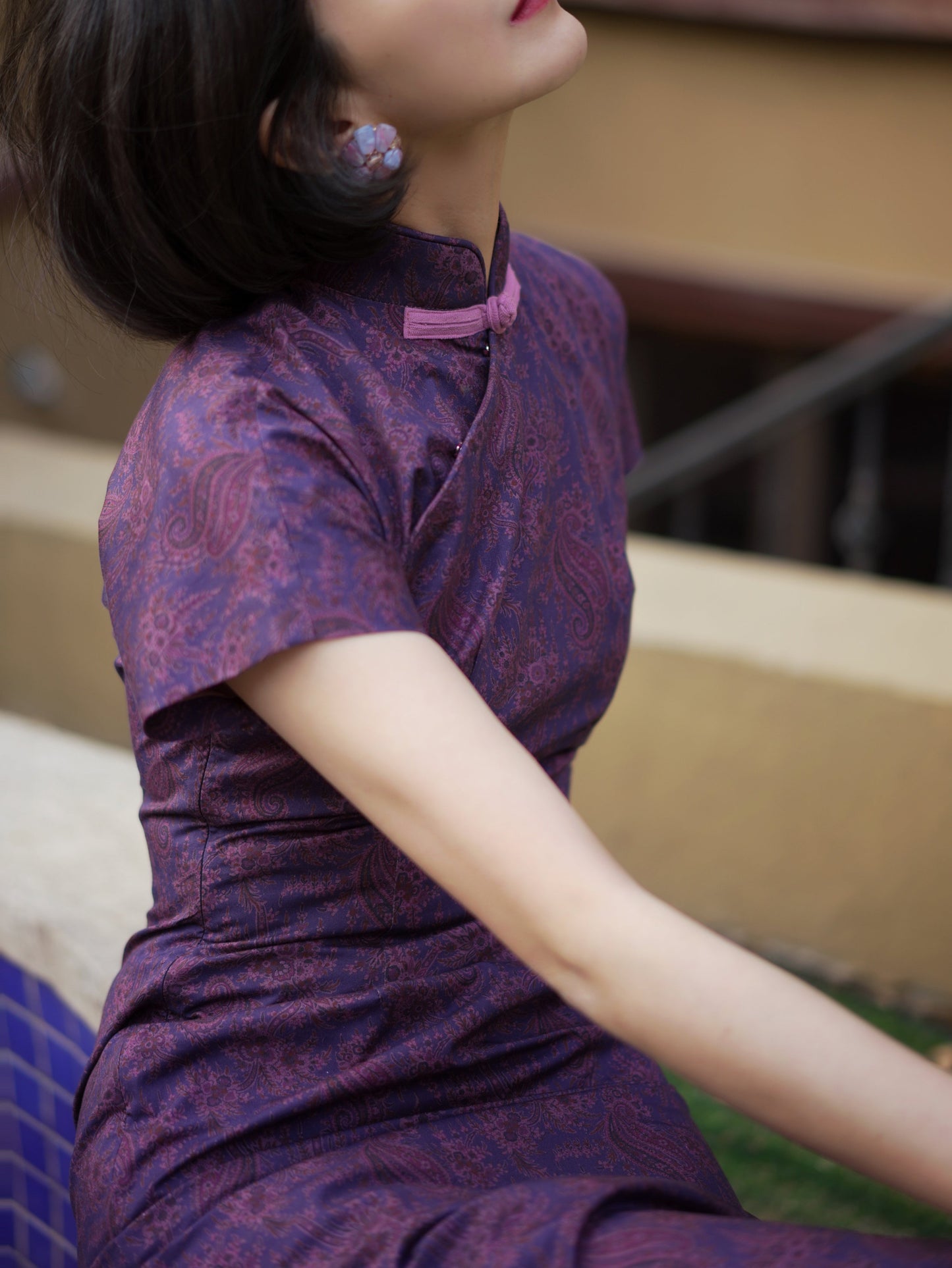 purple floral cheongsam dress