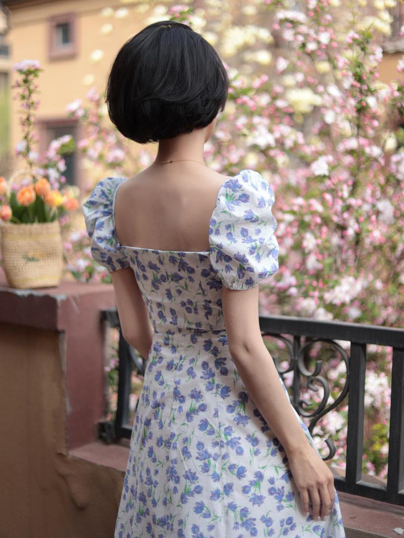 Blue Floral Pattern French Retro Dress