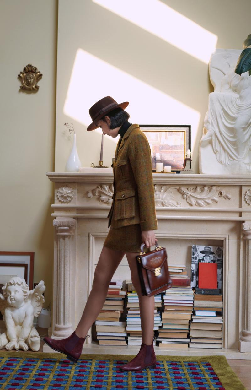 Gray-yellow-green plaid tweed jacket and tweed skirt