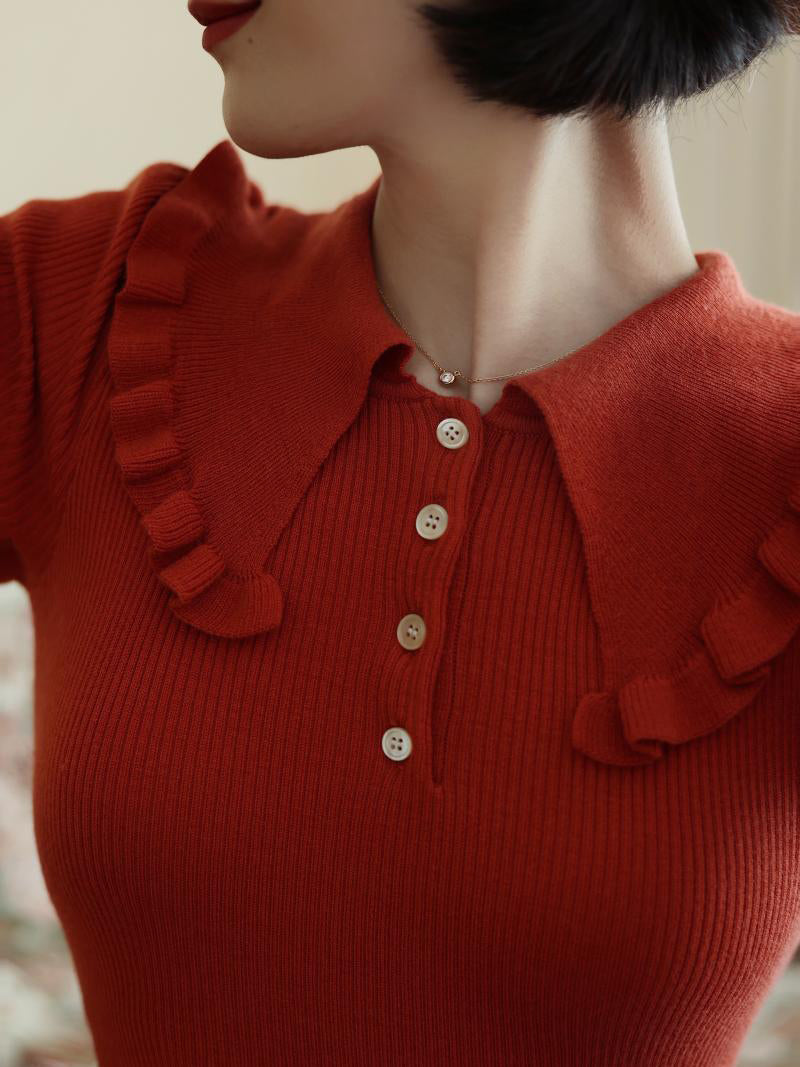 Madder Red Lady's Retro Knit Tops