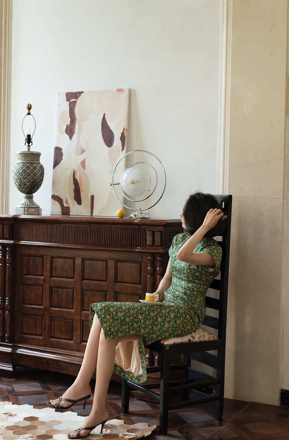 Deep green small sunflower cheongsam dress