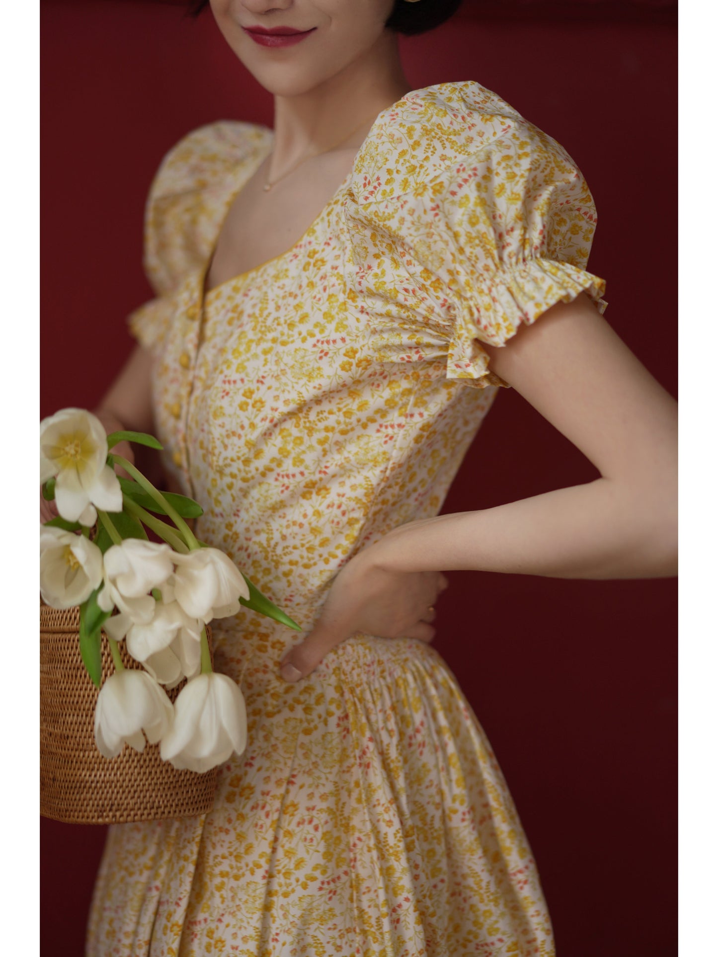 Yellow flower retro dress and embroidered apron