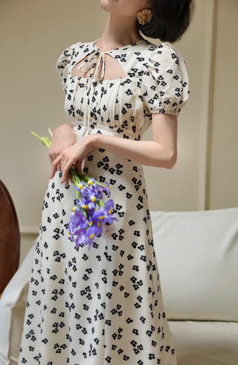 Black Shadow Flower Pattern French Retro Dress