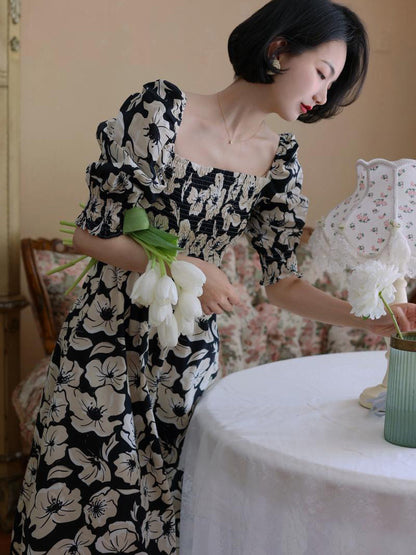 Jet black flower retro dress