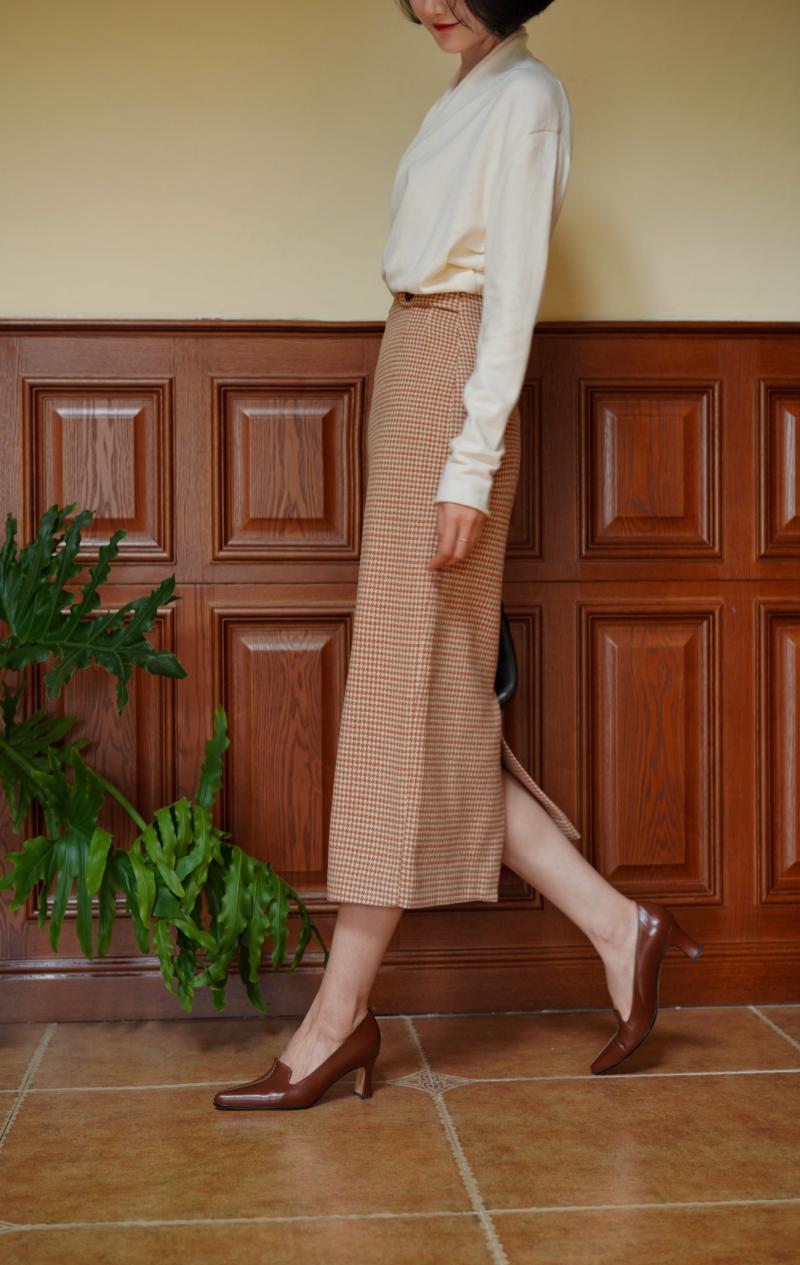 Orange brown houndstooth tweed tube skirt