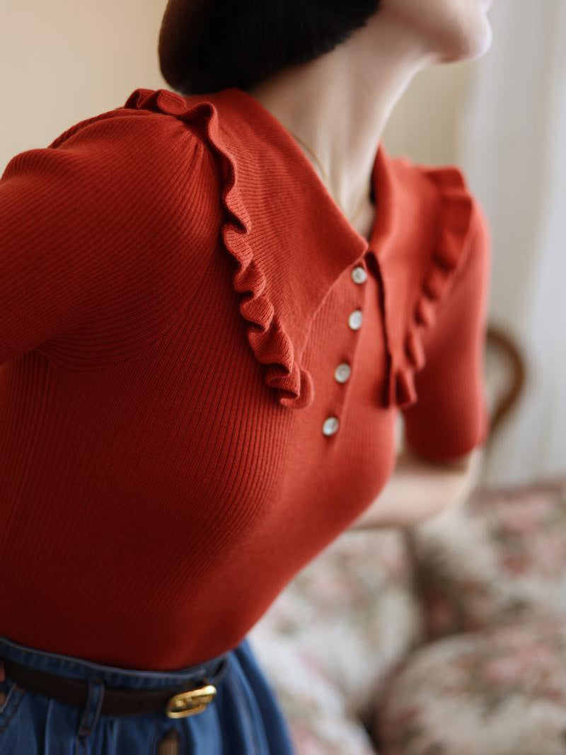 Madder Red Lady's Retro Knit Tops