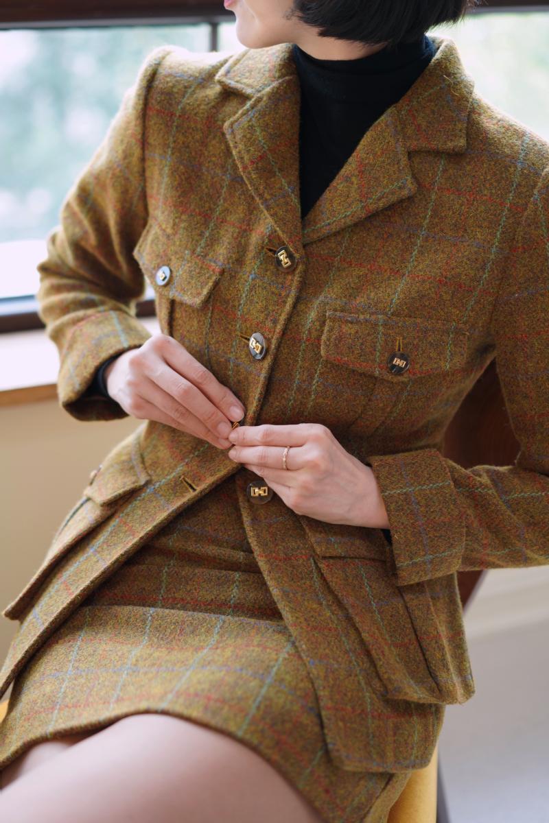 Gray-yellow-green plaid tweed jacket and tweed skirt