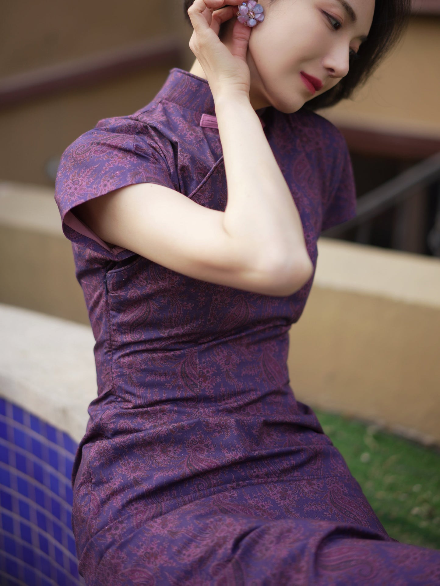 purple floral cheongsam dress