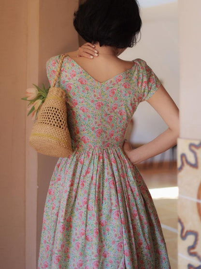 Peach green flower crowd retro dress