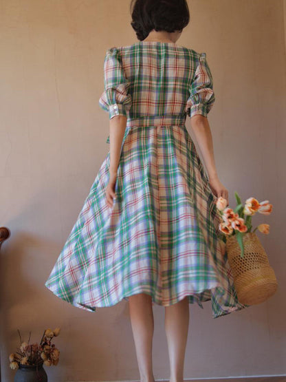 Green red plaid retro dress