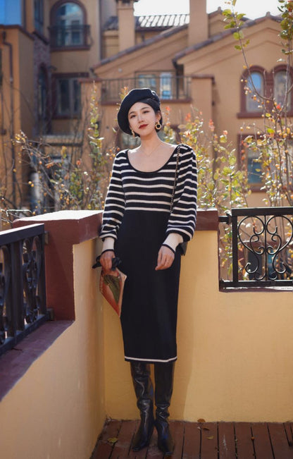 Black and white striped knit dress