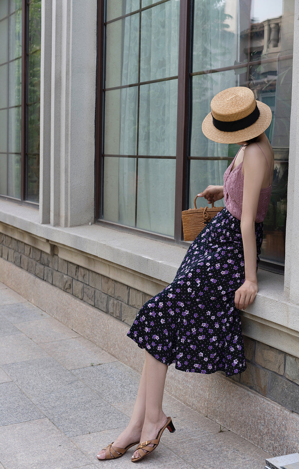 purple flower retro middle skirt