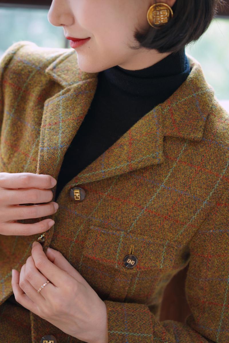 Gray-yellow-green plaid tweed jacket and tweed skirt