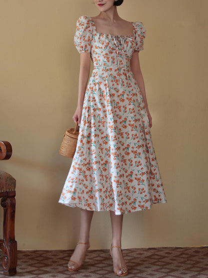 Red Orange Flower Pattern French Retro Dress