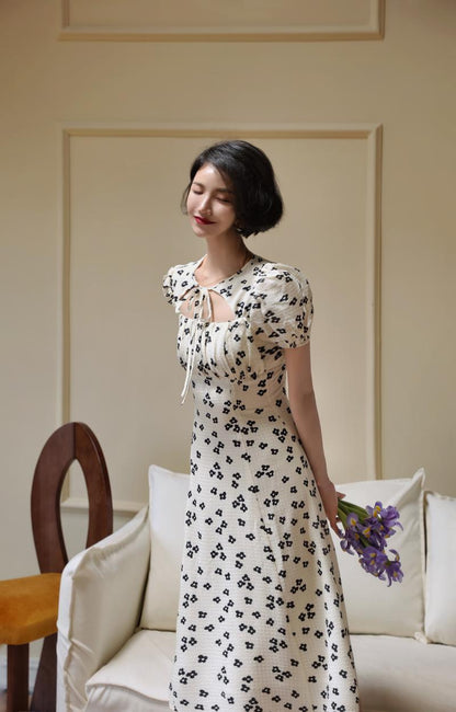 Black Shadow Flower Pattern French Retro Dress