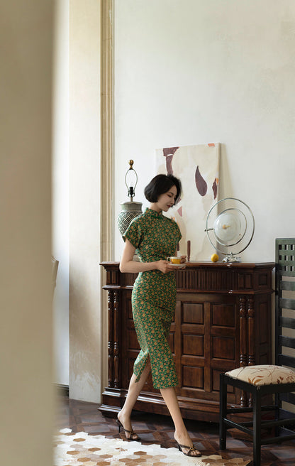 Deep green small sunflower cheongsam dress