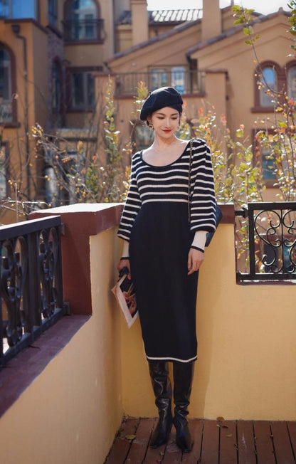 Black and white striped knit dress