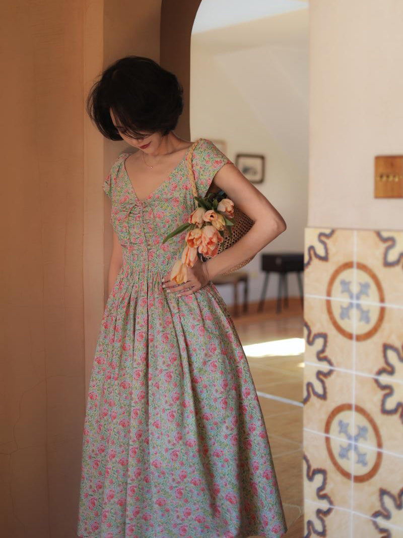 Peach green flower crowd retro dress