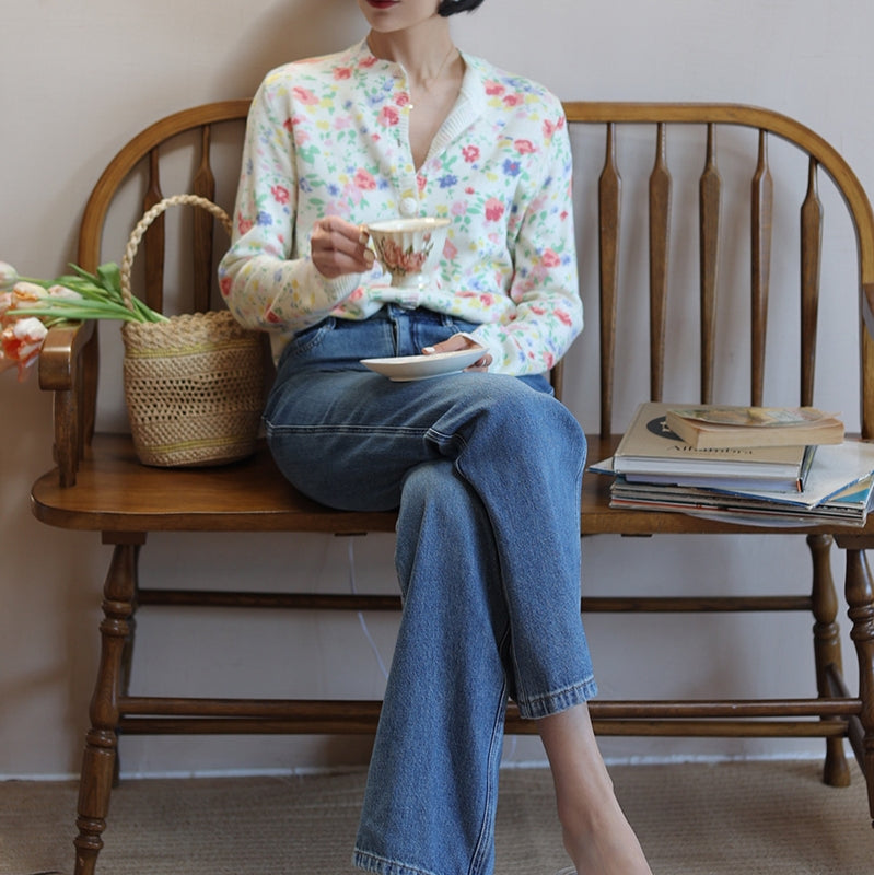 Watercolor flower knit cardigan