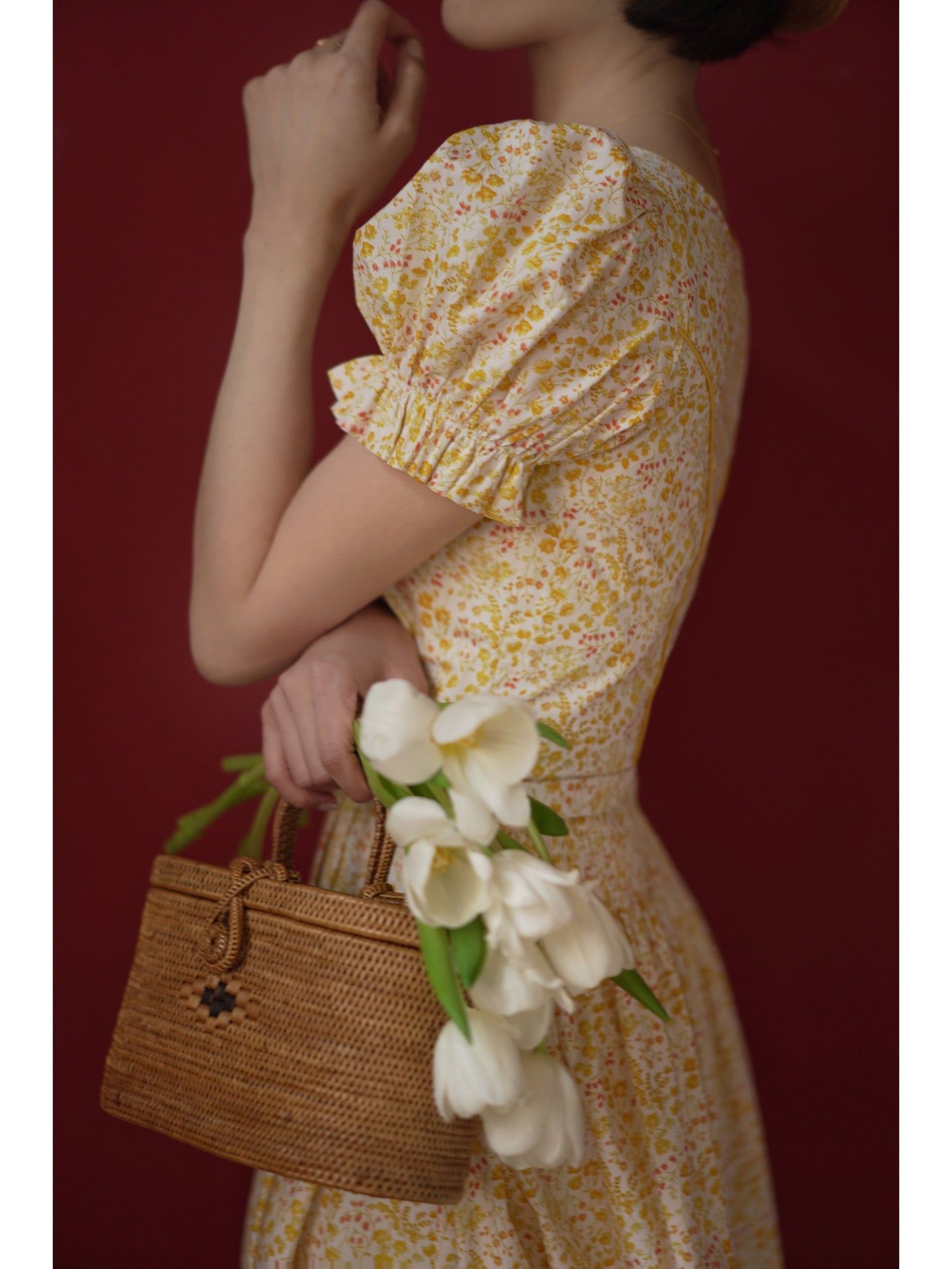 Yellow flower retro dress and embroidered apron