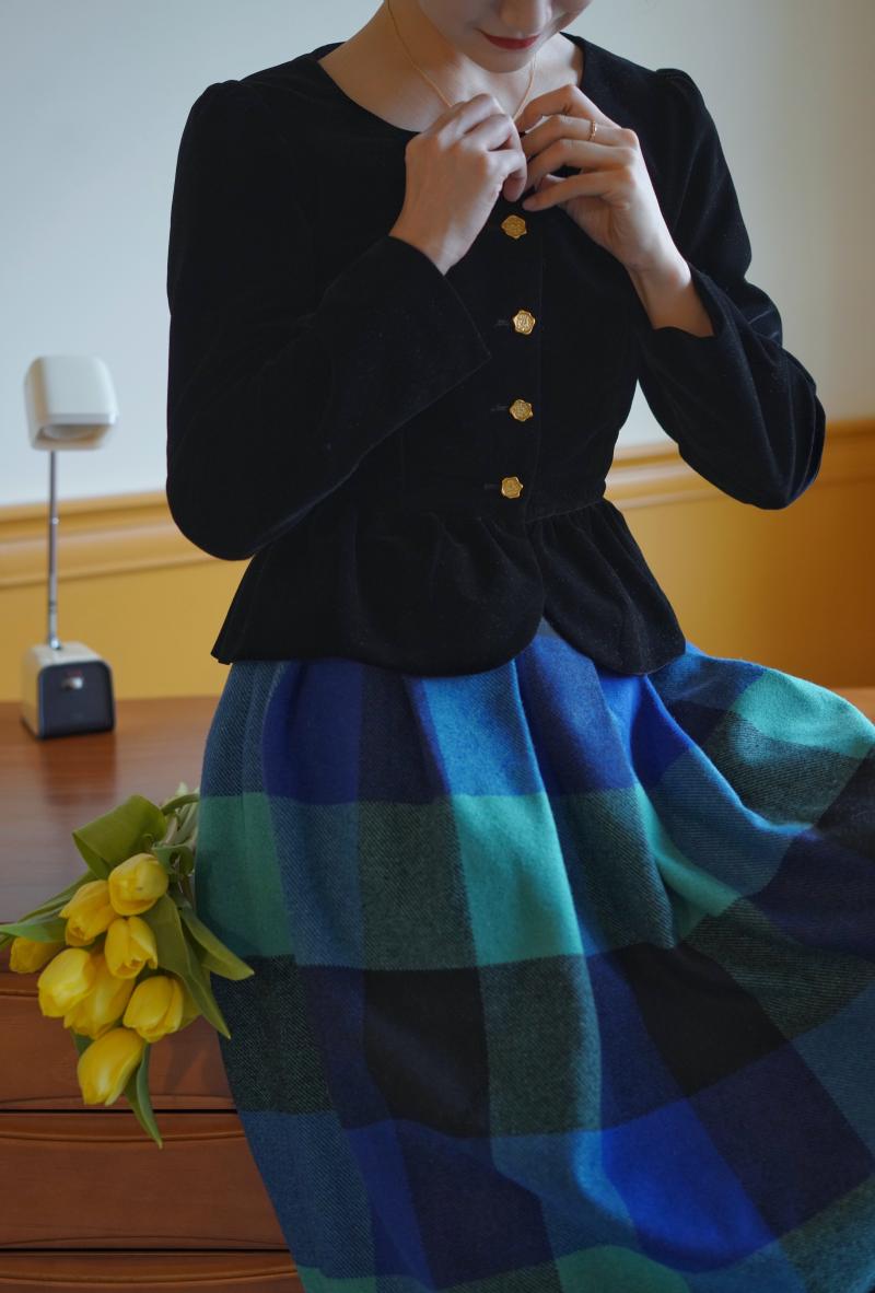 Indigo Green Plaid Retro Umbrella Skirt