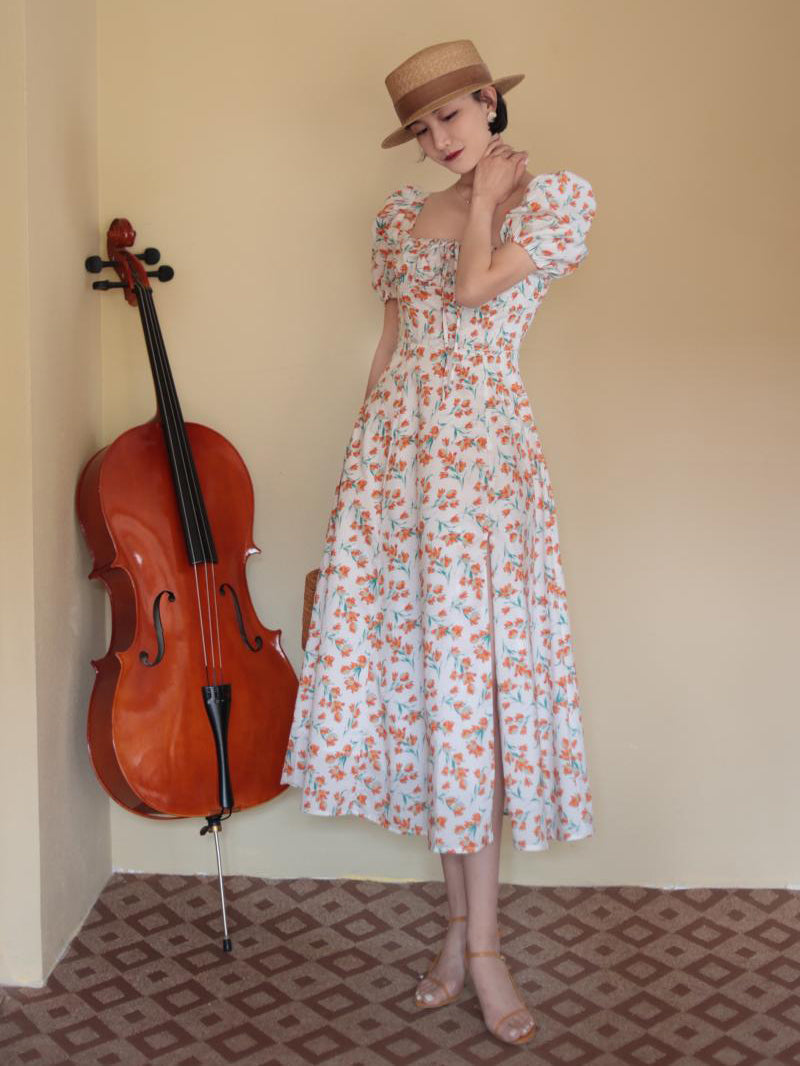 Red Orange Flower Pattern French Retro Dress