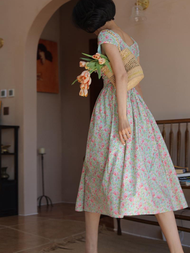 Peach green flower crowd retro dress