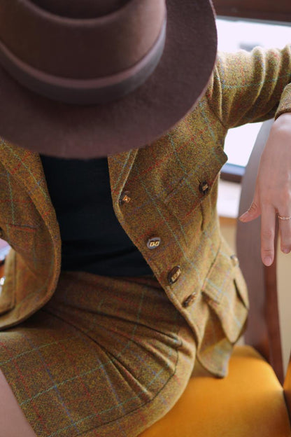 Gray-yellow-green plaid tweed jacket and tweed skirt