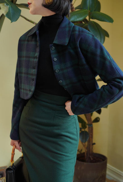 Indigo Green Plaid Classical Short Jacket