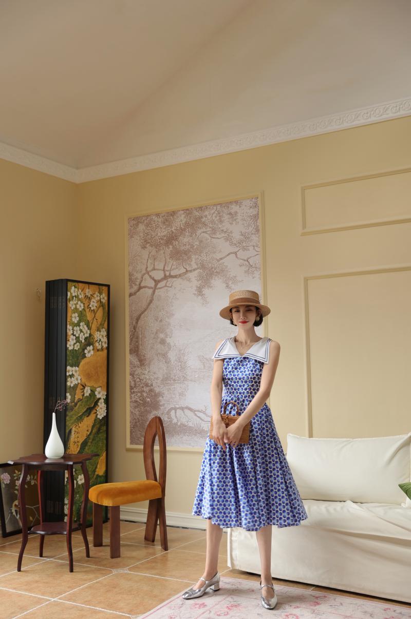 Blue indigo polka dot classical dress