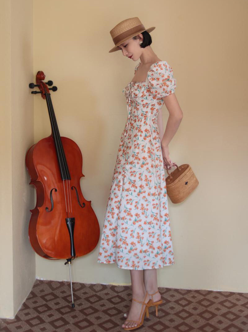 Red Orange Flower Pattern French Retro Dress