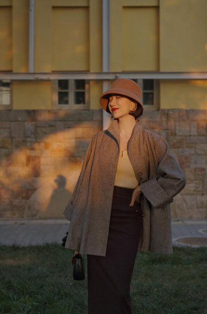 Gray brown lady herringbone wool coat