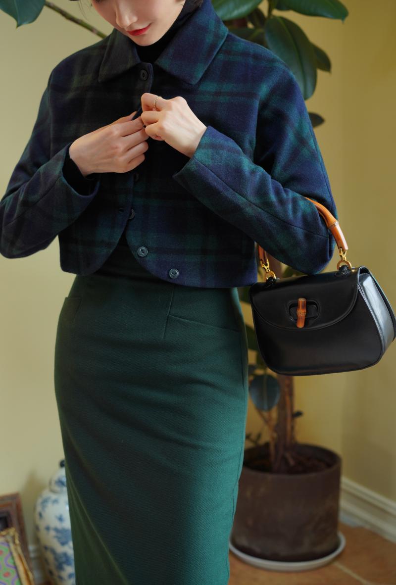 Indigo Green Plaid Classical Short Jacket