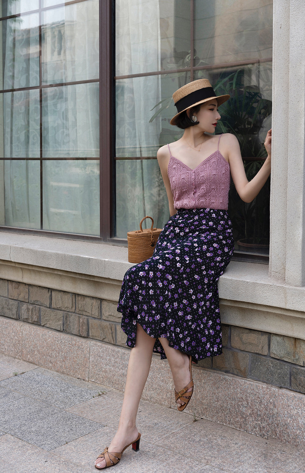 purple flower retro middle skirt