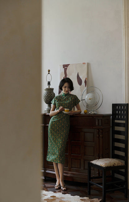 Deep green small sunflower cheongsam dress