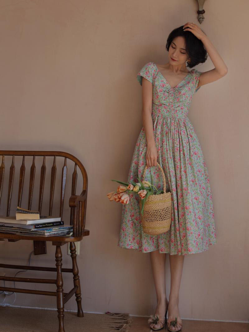 Peach green flower crowd retro dress