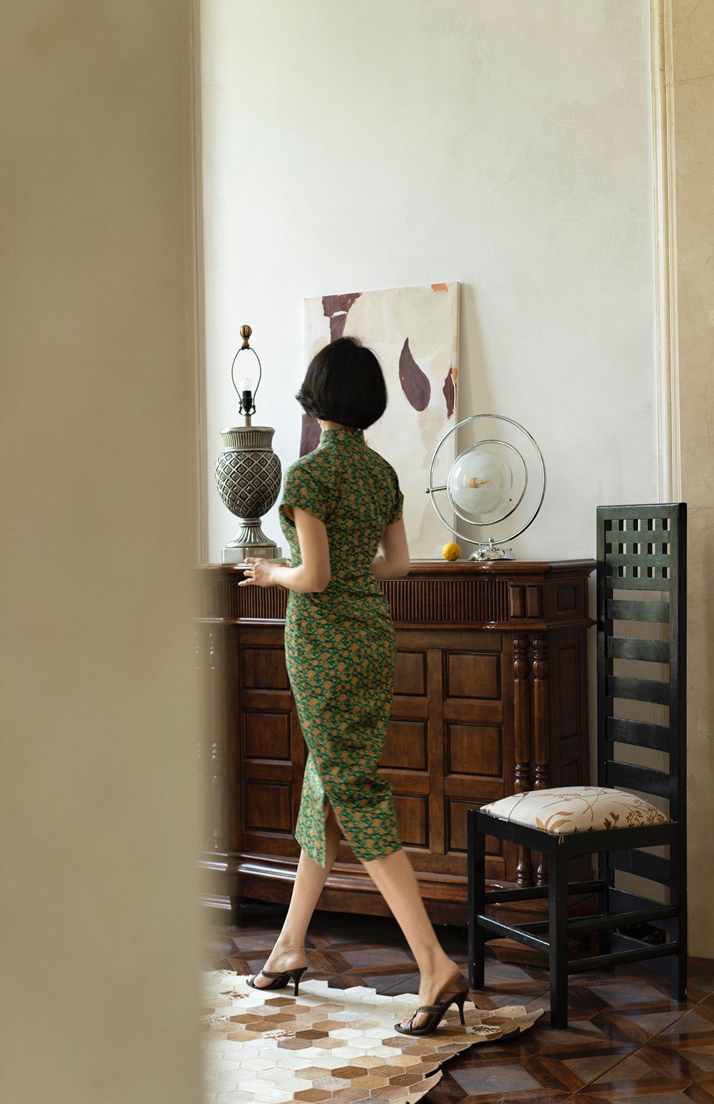 Deep green small sunflower cheongsam dress