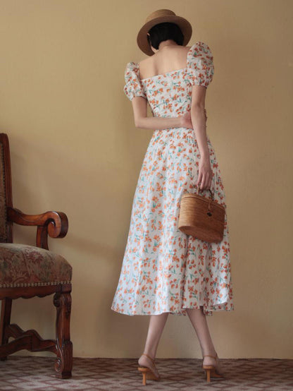 Red Orange Flower Pattern French Retro Dress