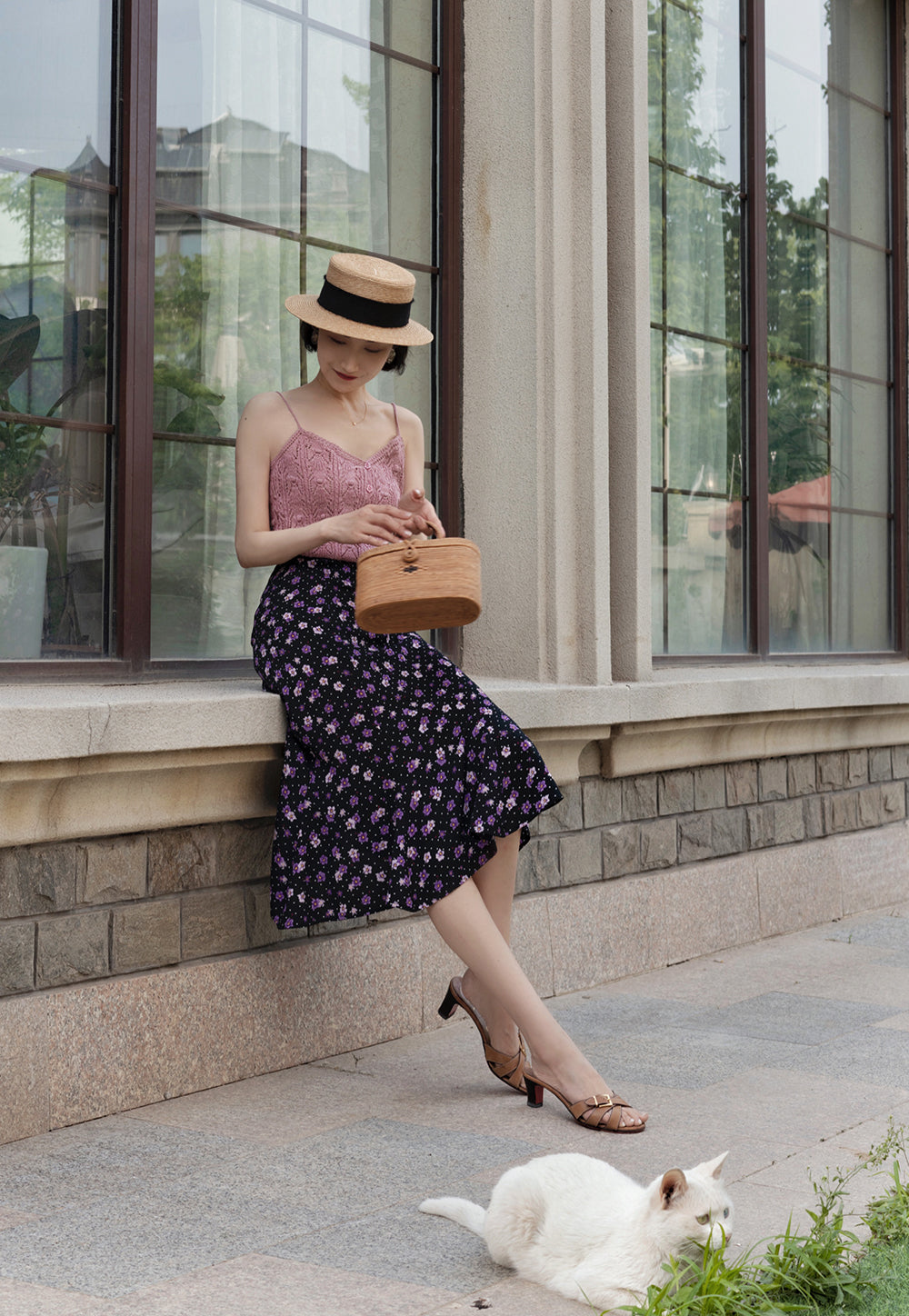 purple flower retro middle skirt