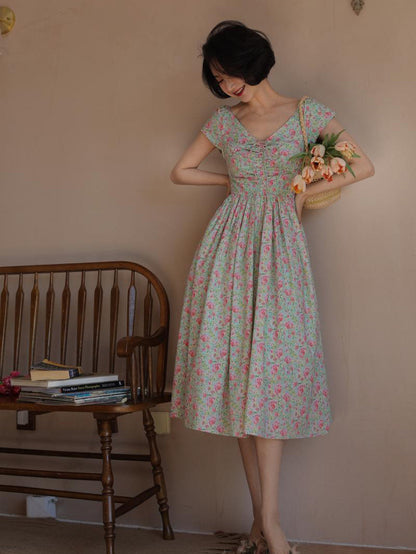 Peach green flower crowd retro dress